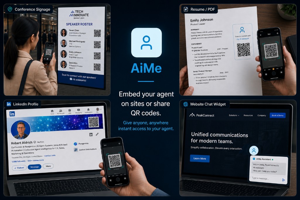 AiMe agents shared via conference signage, resumes, LinkedIn, and website chat widgets