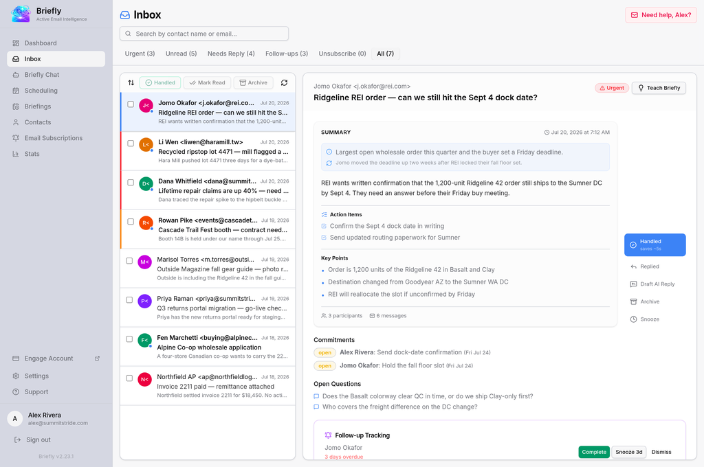 Briefly inbox showing prioritised email threads alongside an AI summary with action items, commitments, and open questions