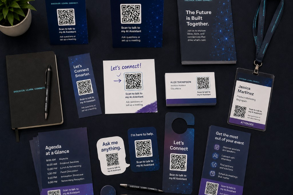 Event collateral including badges, business cards, table tents, and brochures with AI assistant QR codes