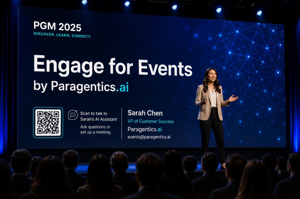 Speaker on stage at PGM 2025 with Engage for Events by Paragentics.ai on screen and a QR code to chat with the speaker's AI assistant