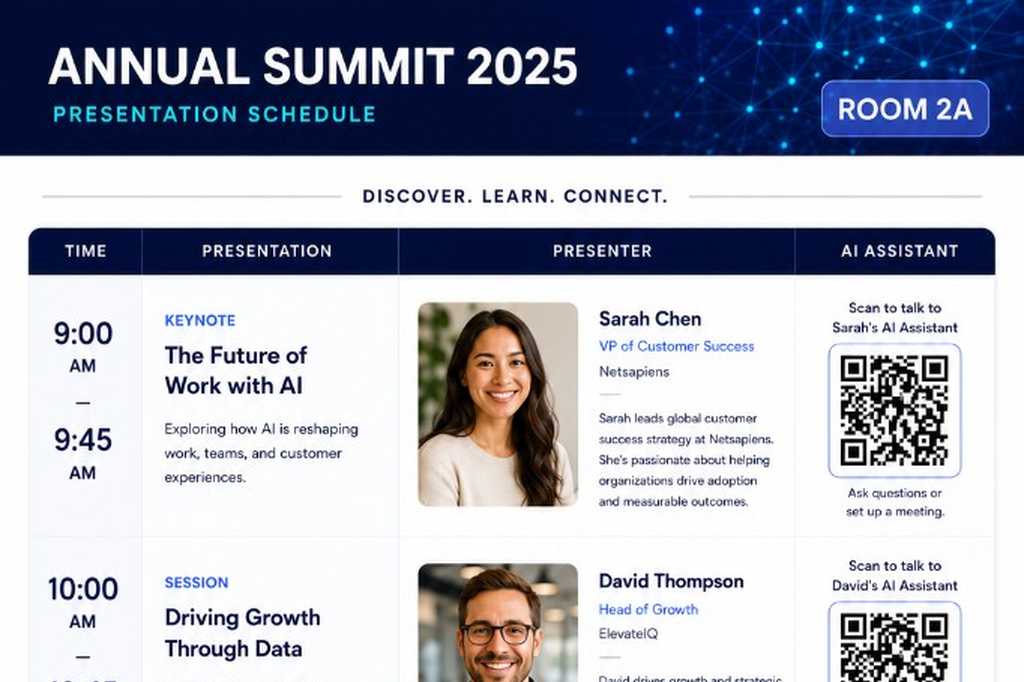 Event presentation schedule with QR codes for each speaker's AI assistant
