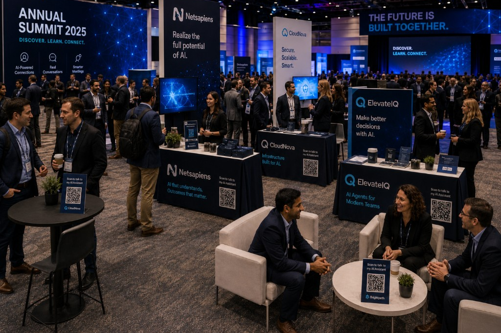 Trade show floor with Scan to talk to my AI Assistant signs on exhibitor booth tables
